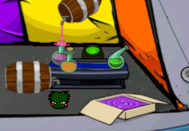 Full shot of puffle Caliborn in a tent igloo next to a box dimension portal in front of a potions table with cream soda barrels around it. One cream soda barrel is pouring pink cream soda into one of the potion bottles. Behind the potions table is a cauldron with glowing green liquid. Puffle Caliborn is facing left. The camera pans left to show him glaring at penguin Gamzee.