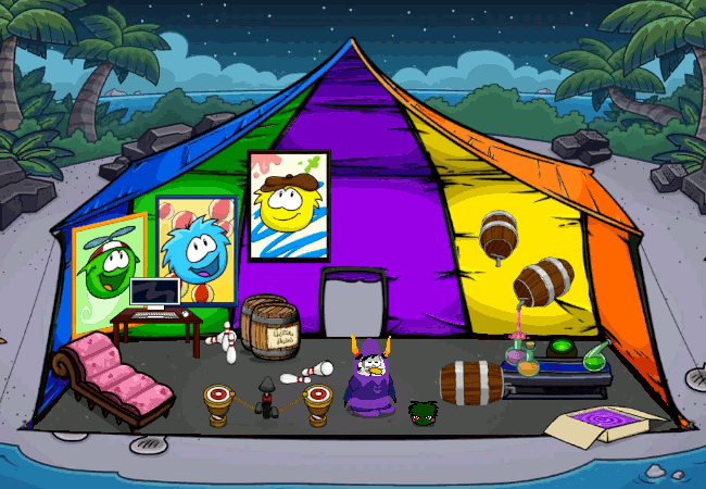 Penguin Gamzee opens up a puffle stat card with puffle Caliborn (called Calibuffle) on it, with an open sidebar with icons showing bubblegum, chocolate chip cookie, puffle Os, and a bathing pool. Calibuffle's stats (Energy, Health, and Rest) are all full. Below Calibuffle's stats are 4 circular buttons showing a red and white striped ball, three Zs, a chocolate chip cookie, and a red leash. Penguin Gamzee selects the ball icon, highlighting it dark blue and causing a yellow box to appear saying: Play With Pet