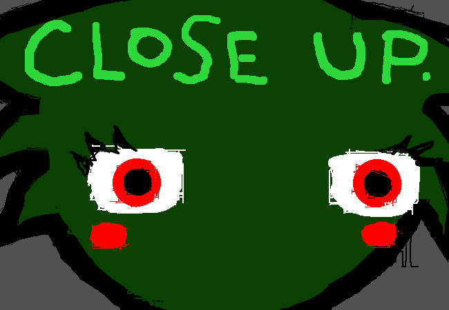 Homosuck style closeup of Calibuffle. Bright green handwriting above Calibuffle's head says: CLOSE UP.