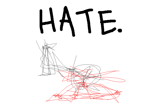 A shitty Caliborn-style drawing of a grey unicycle and red propeller cap. Black handwriting above says: HATE.