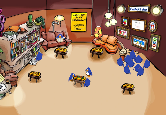 We zoom out even further to the Penguin Art Gallery in the Book Room, where Caliborn's art is being displayed. Several blue 3D penguins crowd around to look at his art. To the side, two penguins play mancala with a spectator, another penguin sits on the sofa reading a newspaper, and another browses the bookshelf.