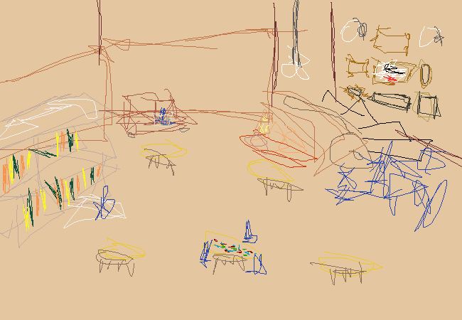 The scene becomes redrawn in Caliborn's art style, signifying that it is fake and all happening in his imagination.