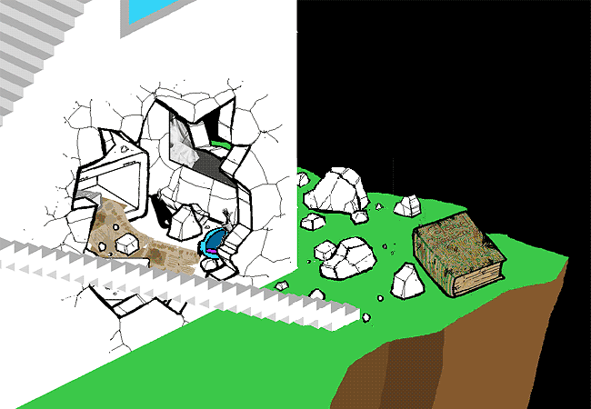 A blue puffle in John's wrecked house on the Land of Wind and Shade hops out of a hole in the wall and starts eating the corner and lower section of the neighboring wall.