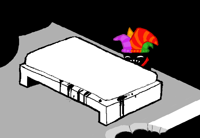 The imp cowers behind an oil-stained bed on the roof.