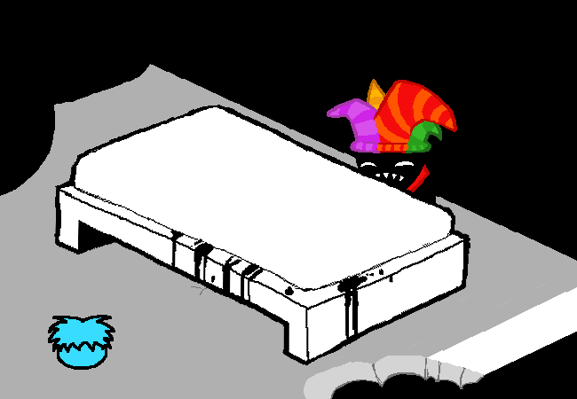 The blue puffle approaches the imp.