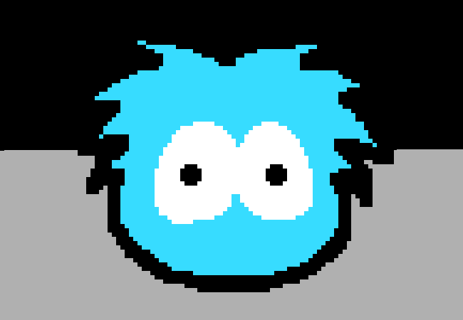Closeup of the blue puffle staring directly forward.