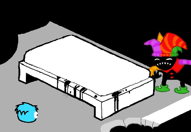 The imp moves out from behind the bed, towards the right corner of the roof.