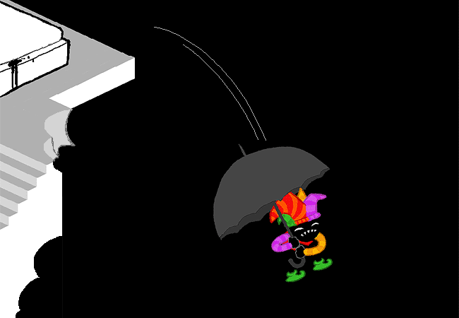 The imp absconds by leaping off the roof, using an umbrella as a parachute.