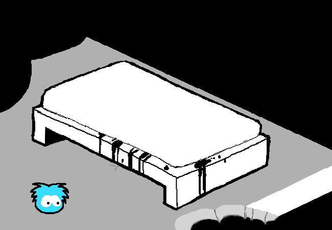 The puffle looks down and to the right, towards the direction where the imp jumped off.