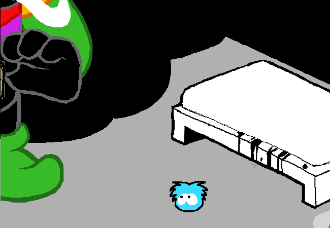 The blue puffle looks up at the ogre.