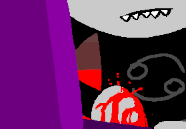 Closeup of a troll from the mouth downwards, pressing his hand to his side. He is wearing a black shirt with a grey cancer symbol and sitting in front of a purple husktop while clutching a bleeding wound at his side.