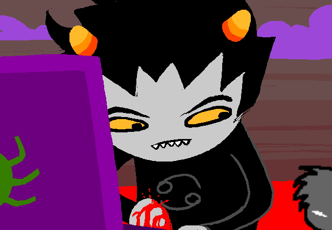 We zoom out to see the troll is Karkat Vantas, from the scene from Homestuck where he first meets Jack Noir in The Land of Pulse and Haze. However, instead of being a carapacian, this Jack Noir is a black puffle.