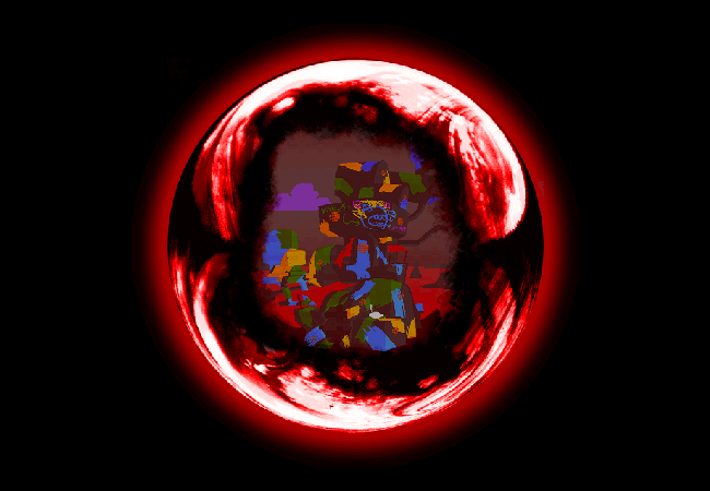 A flickering red dream bubble in space. Inside is a memory of the Land of Pulse and Haze.