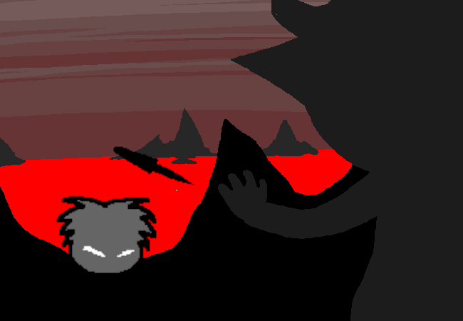 Puffle Jack Noir approaches the silhouette of Karkat with a knife telekinetically floating up in the air. Karkat's back is faced towards us, and he has his arm raised in an attempt to stop Jack from stabbing him.