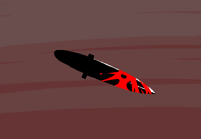 Closeup of a bloody knife in the air pointing downwards.
