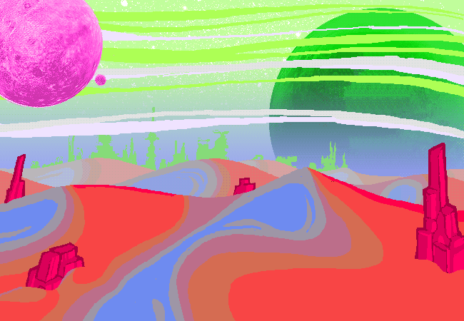 Future Alternia: a colorful, pastel desert wasteland covered with reddish pink rocks. A giant green and smaller pink moon are visible in the background.