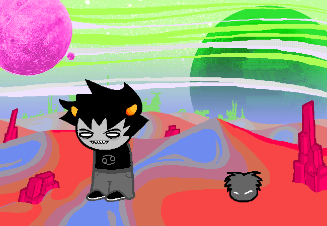 Ghost Karkat walks west with an annoyed expression. Behind him, puffle Jack Noir follows.