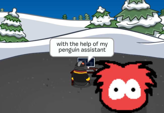 RS goes up to the computer with xis back turned towards us. His speech bubble says: with the help of my penguin assistant