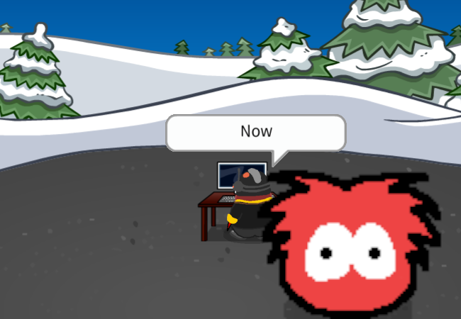 RS switches angles to the right side of the computer. A new speech bubble above xim says: Now