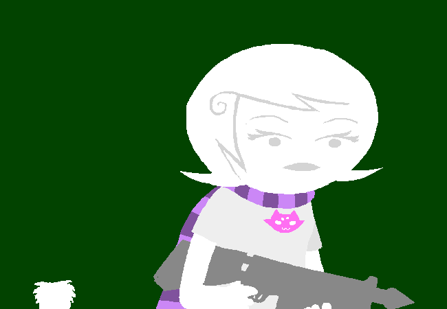 We zoom out to a medium shot of Roxy carrying her laser gun in the scene where she and GCat are in the lab. However, instead of being a cat, GCat in this scene is a completely white puffle with no eyes (henceforth known as GPuff).