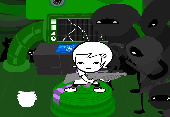 Roxy stands crouched on the platform of a transmaterializer pointing her rifle at a bunch of black carapacians dressed in ragged, dark grey cloaks. One of the carapacians carries a giant grey crowbar. Roxy looks behind her and down at GPuff with a slight smile.