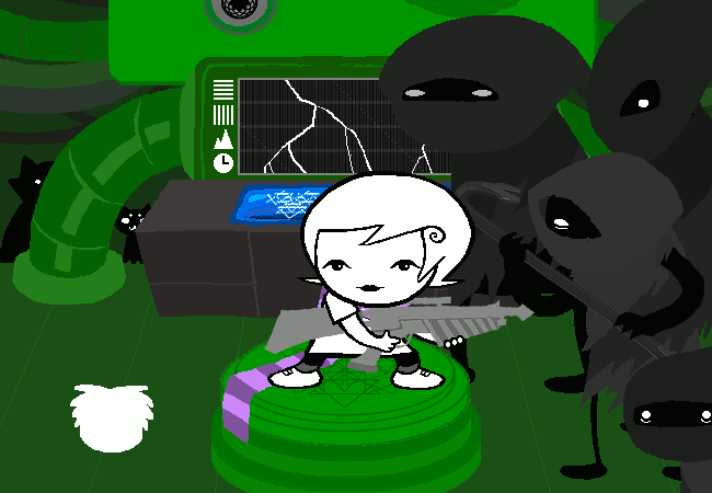 GPuff sends out a flash of white light. A space in the shape of his silhouette contains part of the next destination: what appears to be a land covered in snow. Roxy looks down and to the right as GPuff's silhouette grows until it covers and changes the entire background.  Pause. A red question mark rapidly flashes above Roxy's head before coming to a standstill. Roxy looks up, then slowly rises up from a crouch and turns to face left. Pause. She captchalogues her gun and continues looking upwards.
