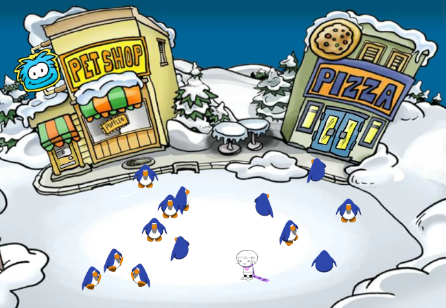 Aerial shot. Roxy stands in the middle of a 2006 version of Club Penguin's plaza. It has two buildings: a pet shop advertising puffles for sale and a pizza parlor. Between the two buildings are two round, snow-covered tables. In front of the pet shop window is a manhole, and to the left of the pet shop is a path leading westward. Roxy stands to the south and slightly east in the midst of a crowd of dummy blue (i.e. sapphire) 3D penguins, which she is the same height as.