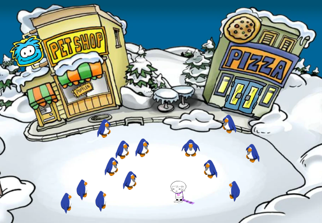 The penguins simultaneously all turn to look at Roxy.