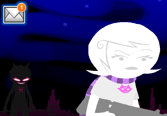 Roxy stares forward with a confused expression as Meenah's silhouette grins menacingly behind her. There's a Club Penguin mail notification for one new message in the upper left corner. The mail icon glows with dark blue light.