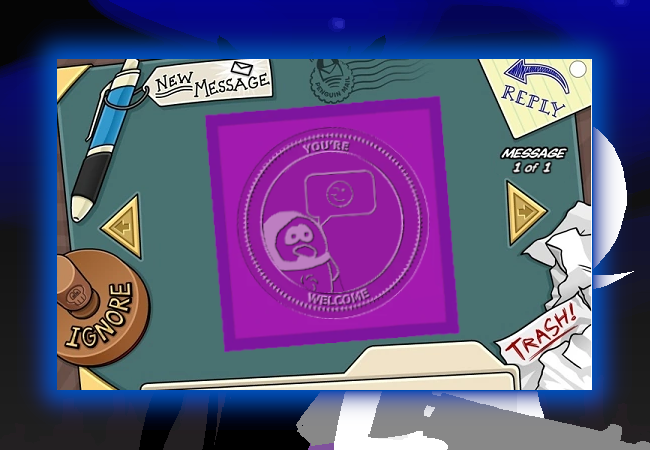 A Club Penguin inbox screen with a dark blue aura pops up in the middle of the panel. The message is an embossed square dark purple card that looks exactly like Courtyard Droll's ''You're Welcome'' calling card from Homestuck. Instead of Courtyard Droll's face, the center of the calling card has god tier Yuan's face with a winking emoticon speech bubble over their head. In the background, Meenah creeps closer to Roxy.