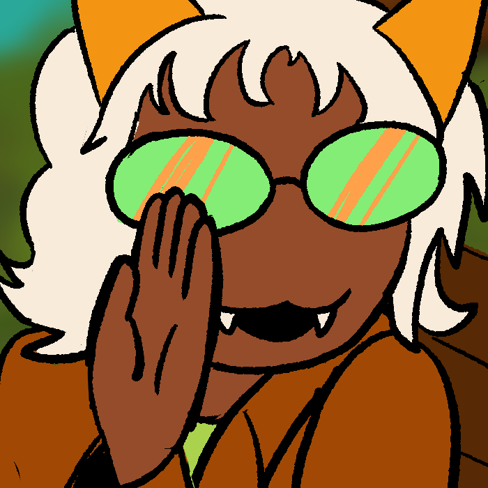 A brown skinned, white haired Davepeta leans in towards the camera, whispering to you.