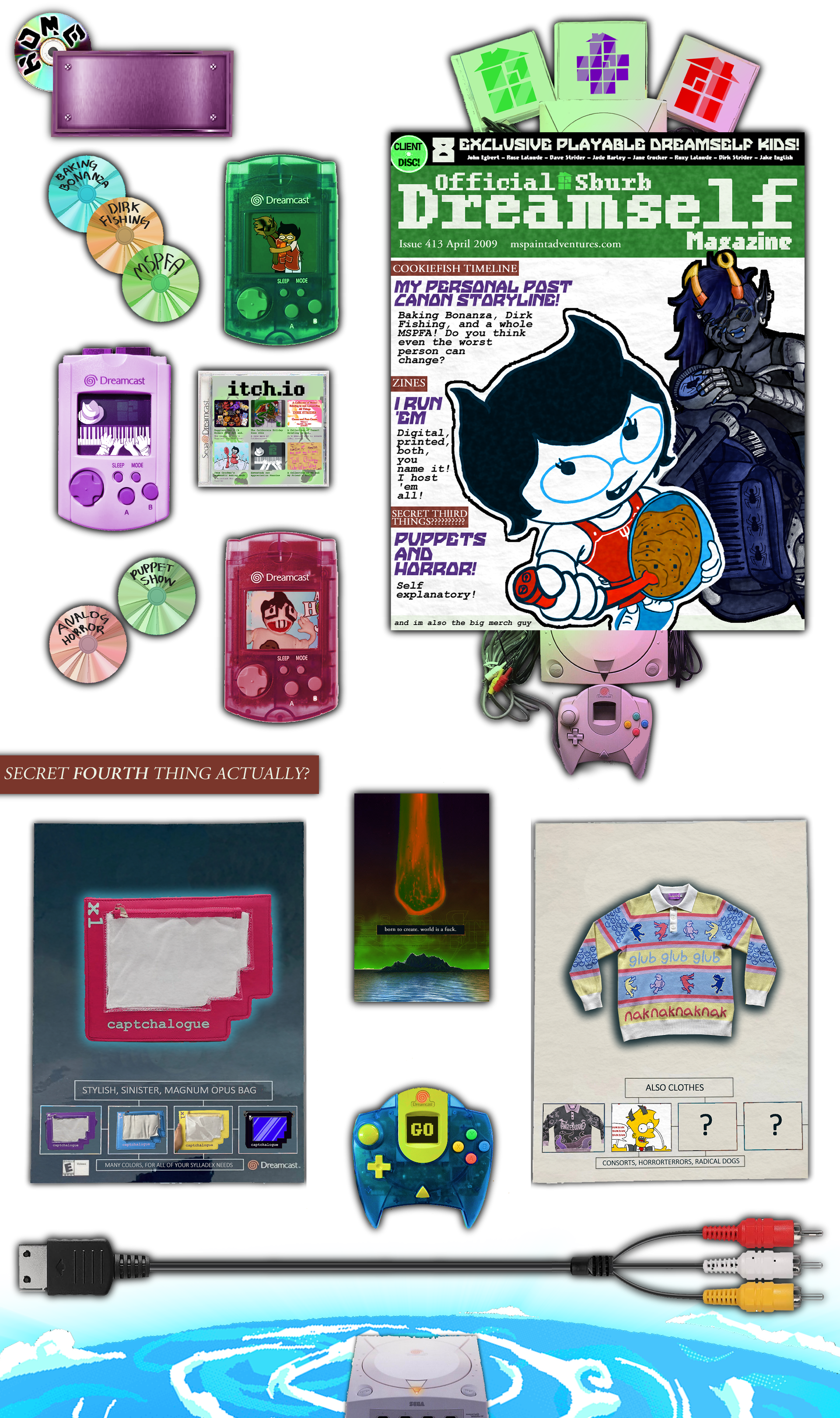 A large webpage displaying Ender's Homestuck related projects, signified by a metal box in the top left with 'Homestuck Projects' as the header. On the left side of the page, there are various CDs and Sega Dreamcast memory cards to show off each project and to link to them. On the right side of the page, there is a fake magazine cover formatted to look like the official Sega Dreamcast magazine. Its header reads, 'Official Sburb Dreamself magazine. Issue 413 April 2009. mspaintadventures.com.' Above the header reads '8 exclusive playable dreamself kids. John Egbert, Rose Lalonde, Dave Strider, Jade Harley, Jane Crocker, Roxy Lalonde, Dirk Strider, Jake English.' The magazine cover reads 'cookiefish timeline: my personal post canon storyline! baking bonanza, dirk fishing, and a whole mspfa! do yu think even the worst person can change? zines! i run 'em! digital, printed, both, you name it! I host 'em all! secret third things? puppets and horror! self explanatory!' The bottom of the magazine reads 'and im also the big merch guy'. On the cover is cartoony art of Jane Crocker with a bowl of cookie dough and rendered art of Vriska Serket on a motorcycle. Below this section are edited Sonic Adventure 2 magazine covers showing off the different colored captchalogue card bags on the left and the different sweaters and shirt's Ender has designed on the right. Between both covers is an edited cover of Blue Stinger and a clear blue Dreamcast controller. At the very bottom of the page a Dreamcast power cord cuts across, and below it, at the very bottom, is a dreamcast on top of a sprawling image of Skaia.