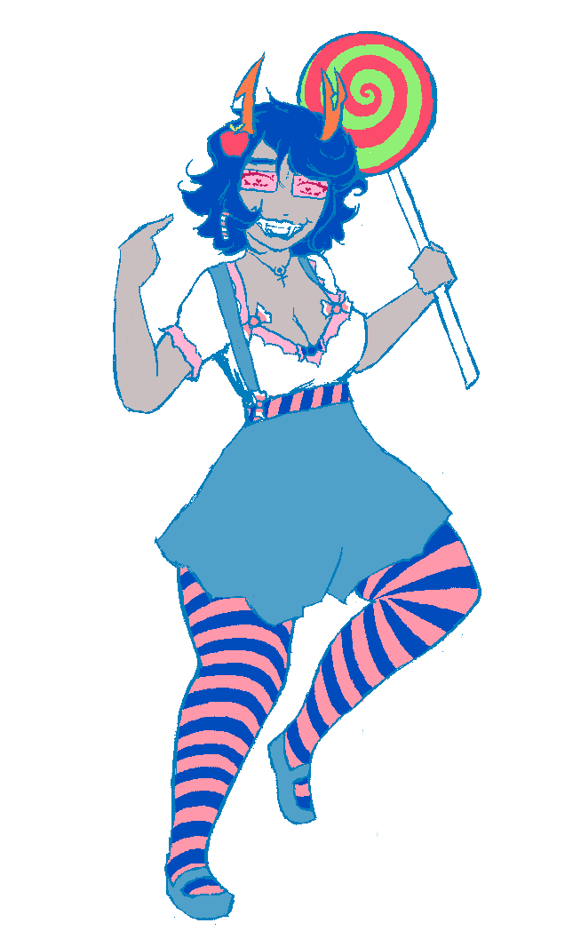 Young adult troll with bifurcated horn on trickster mode holding a sucker juju