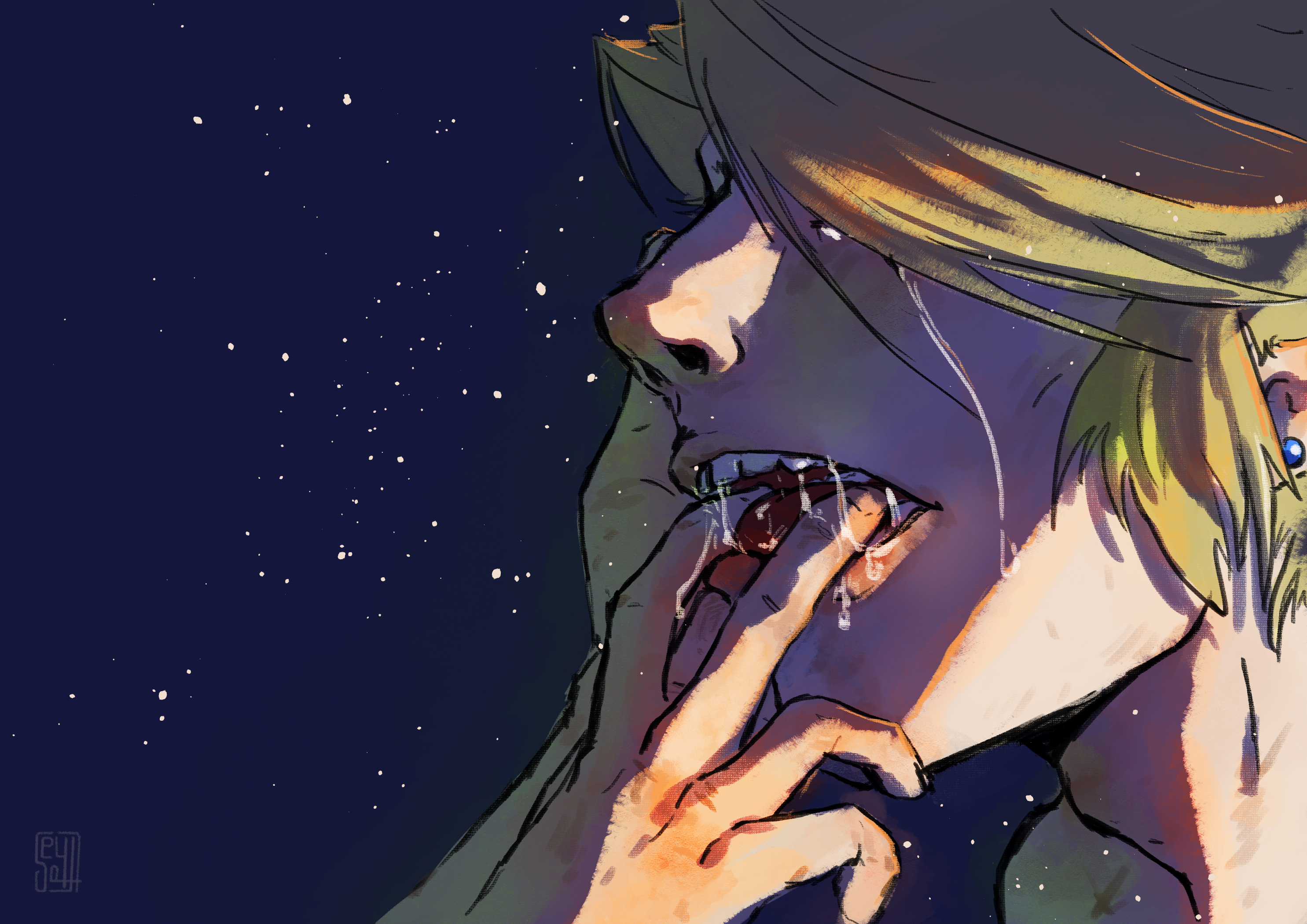 Saliva drips from a blond-haired man’s open mouth and exposed teeth while another person pushes his fingers between his teeth while a second hand cradles the side of his face.