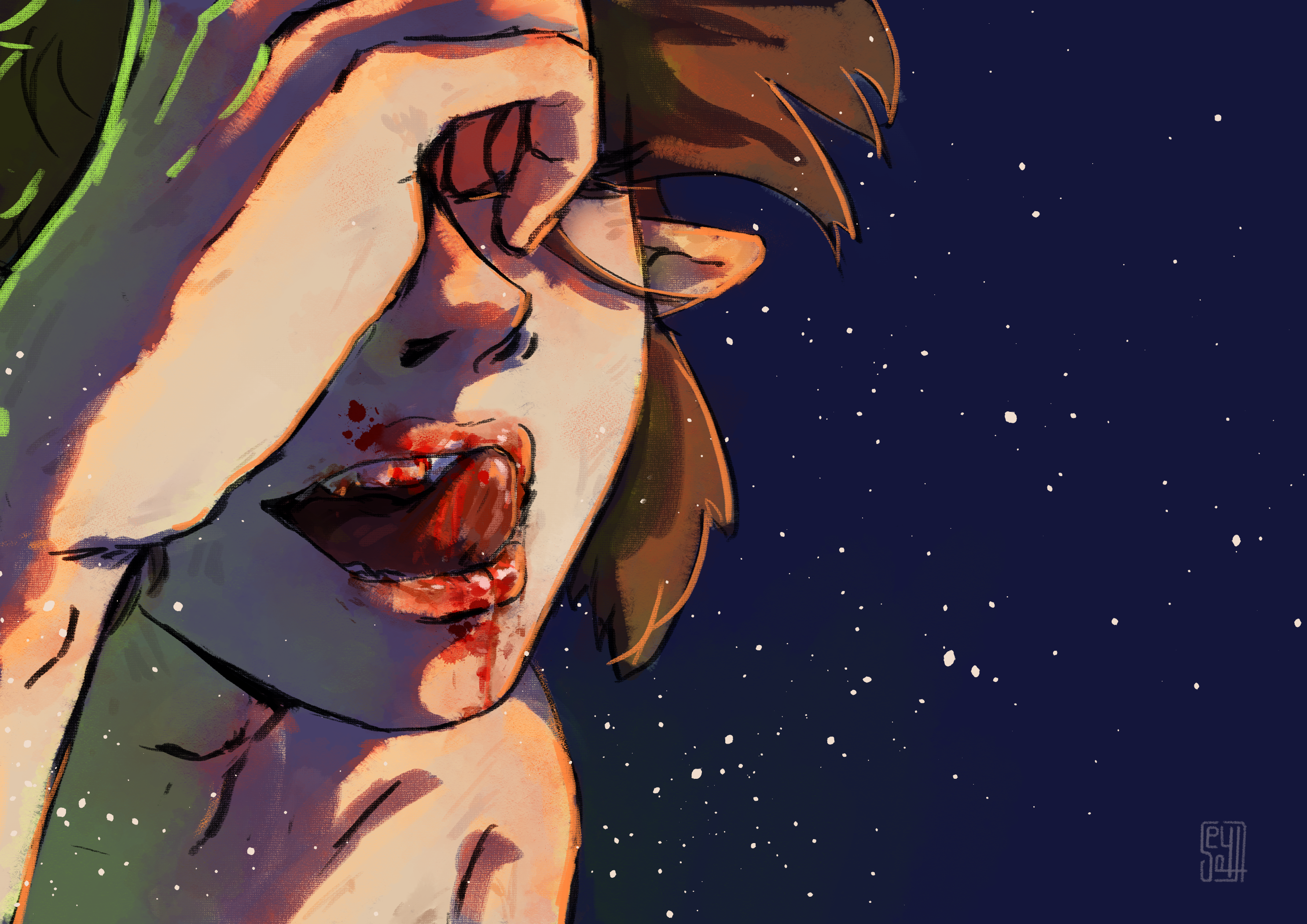 A brown-haired man with a bare chest covers his eyes with a hand. He is faintly illuminated by a green glow on his left side. His mouth is open and there is blood on his lips and teeth. His tongue is sticking out to lick at that blood.