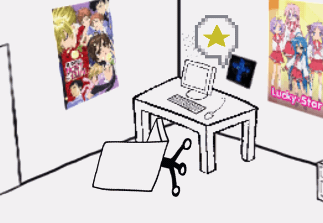 A chair is knocked over upon kicking it to the desk where the computer is. It appears that someone is also being pestered. 