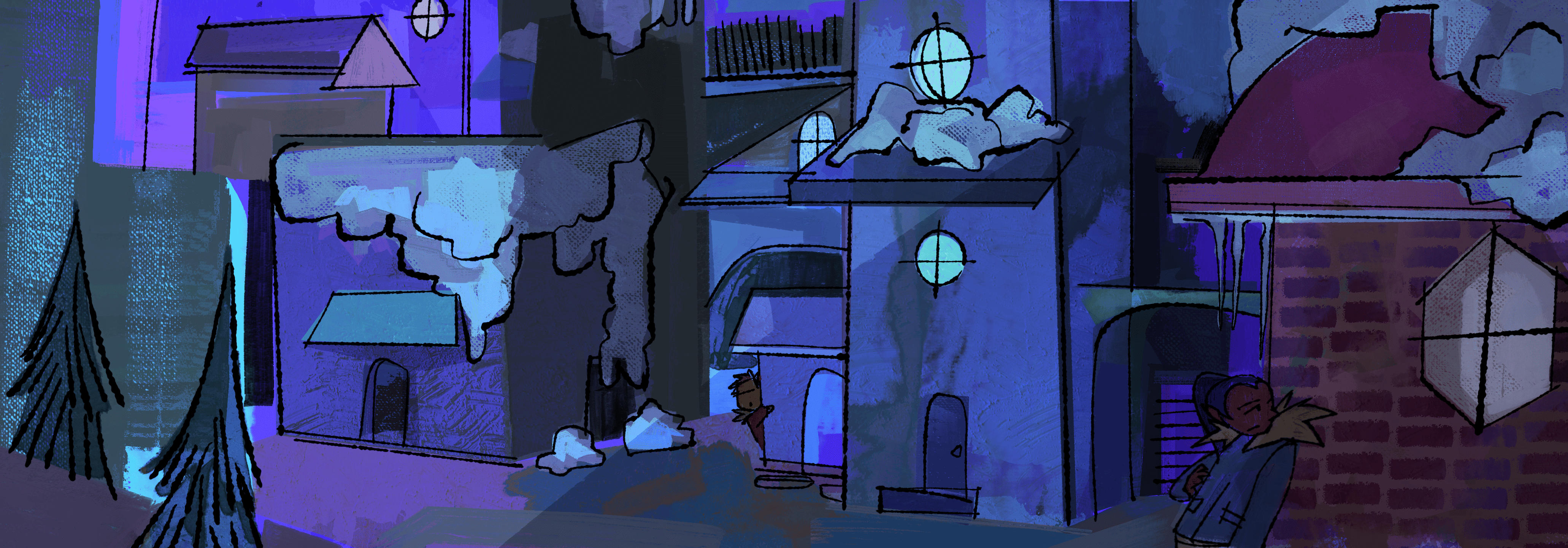 inside the village, clyde and casey can be seen sneaking around the buildings.