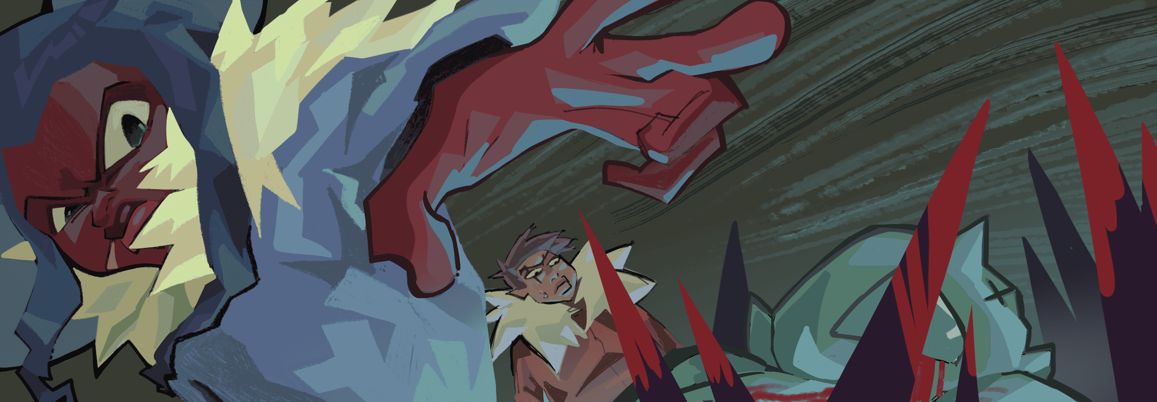 casey makes her move. behind her, clyde stares in fear. metal spikes impale the target, covered in blood.