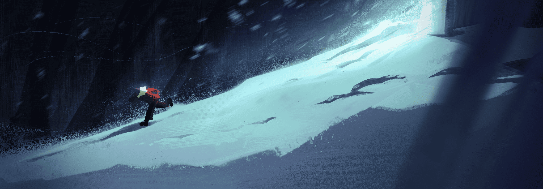 immediately, clyde rushes out of the room. the image shows him running down a snowy hill, down into the darkness.