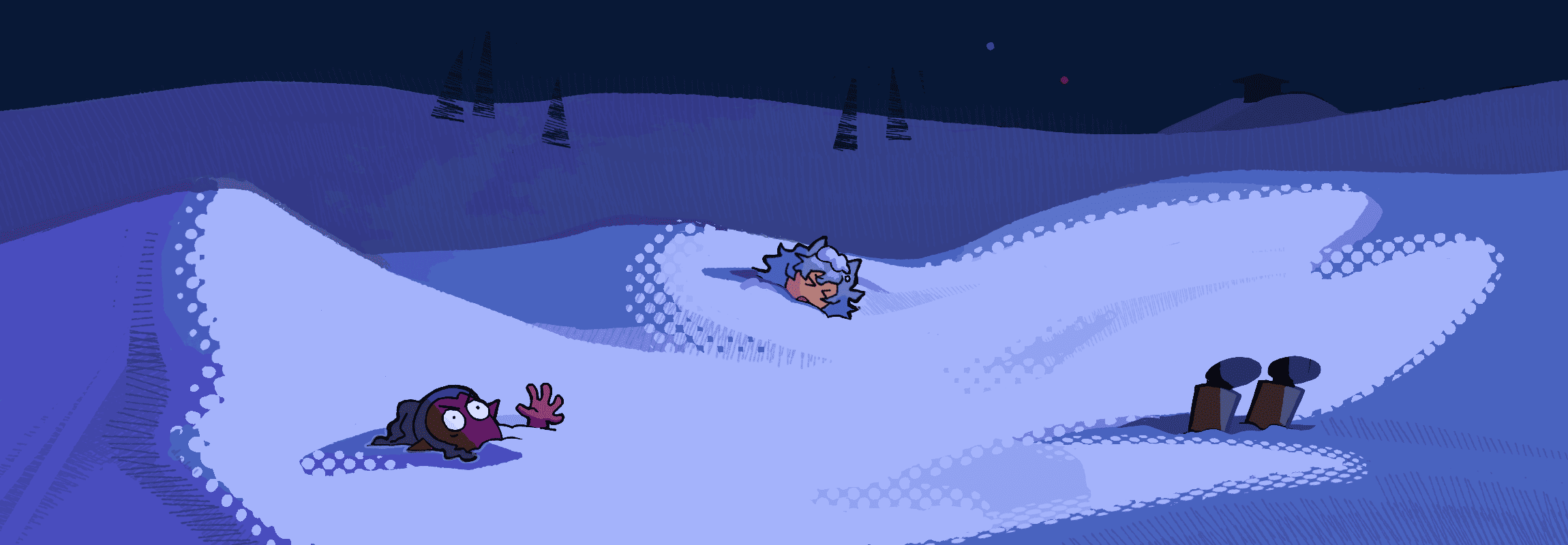 clyde, casey, and a third person end up in an empty valley of snow. casey looks shocked; her hand sticking out, while clyde is feet up. the last, unknown person looks surprised to be caught in the snow.