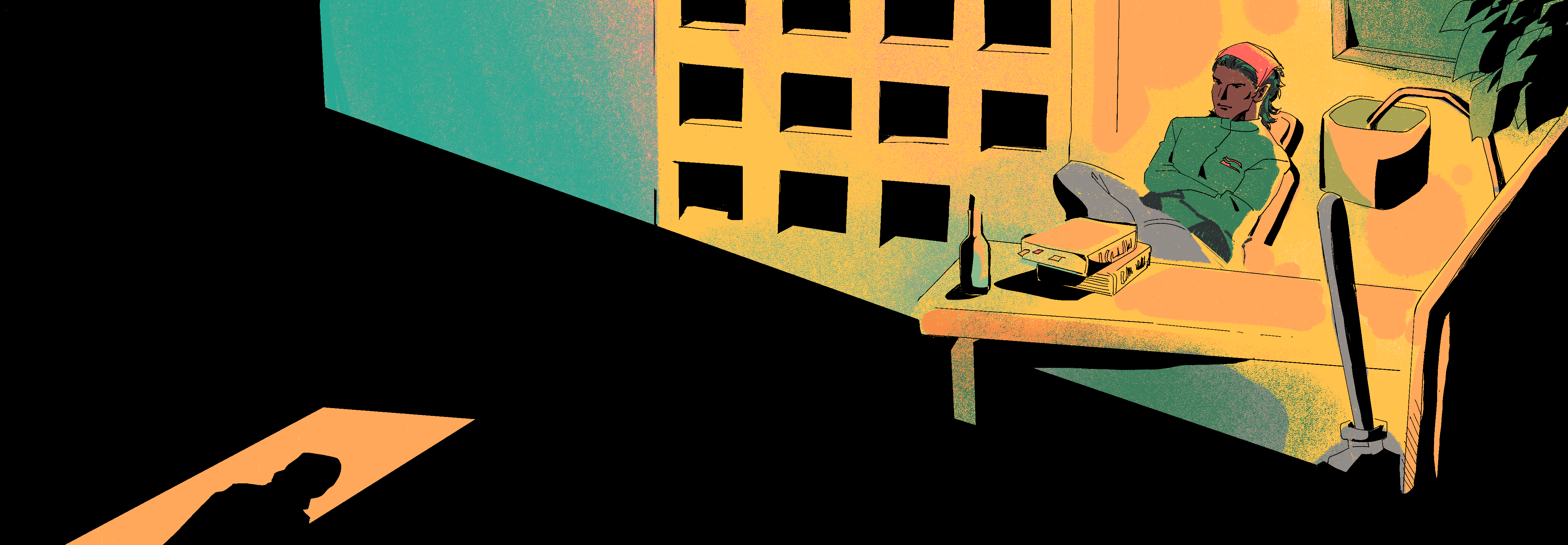 a man sits at his front office desk. he faces the entryway, watching the silhouette in the doorway.