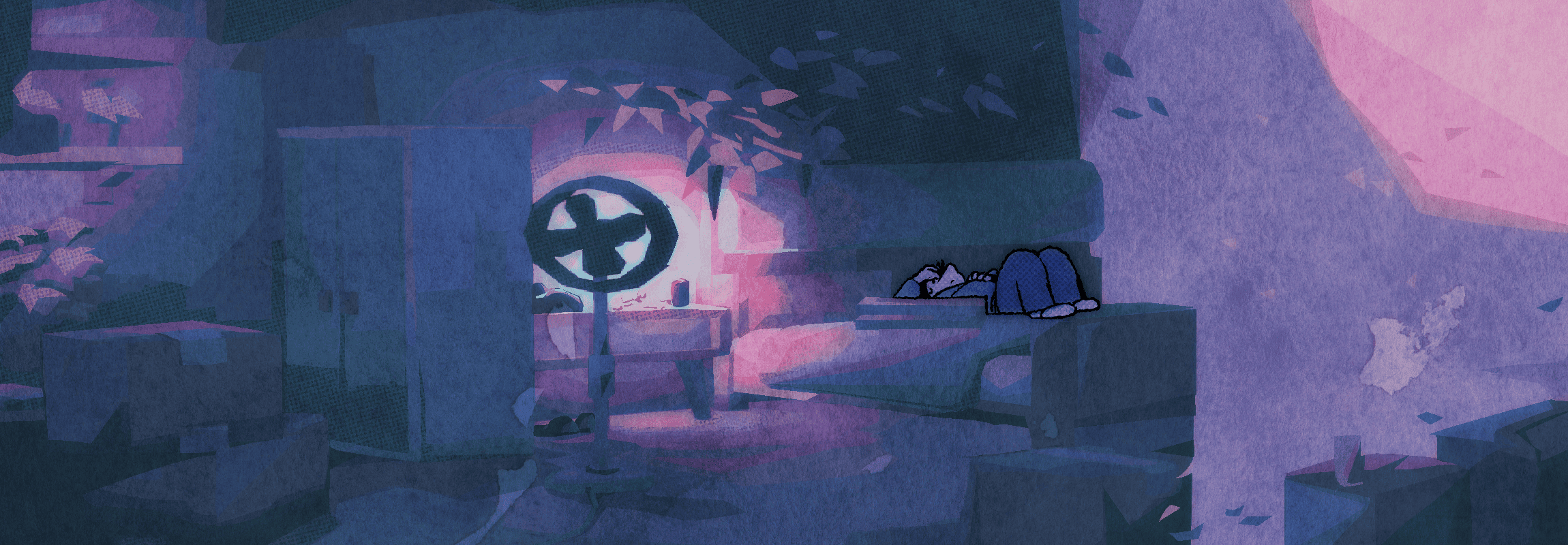 in his bed, clyde rests, staring at the ceiling. his bedroom is shown, messy, with boxes everywhere, and a big fan pointed towards him. there are a few candles on his desk, a can of jetsi, and a phone reciever.