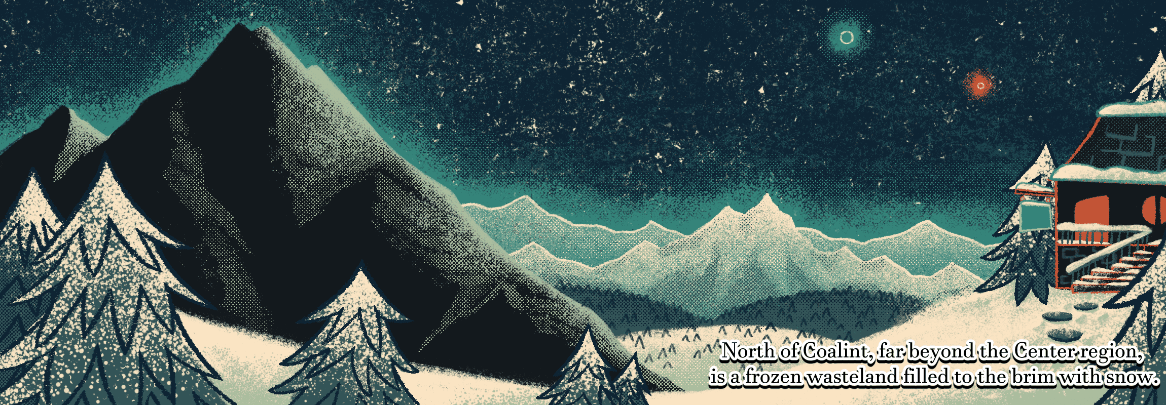 a wide shot of a snowy, mountainous area. to the left is a mountain with trees in the foreground, while the right side of the image introduces a shabby village house. two moons shine brightly in the evening sky. the text at the bottom is repeated in the first sentence of the following paragraph.
