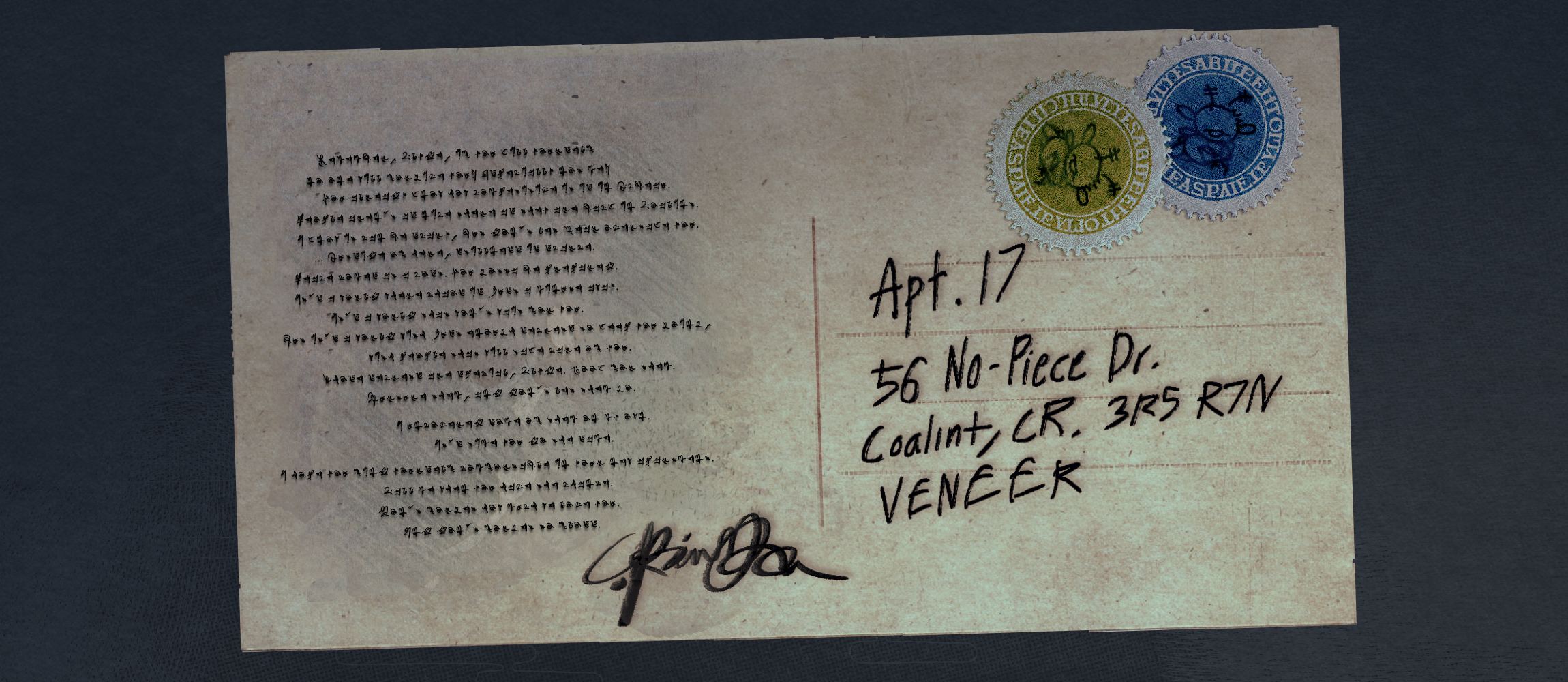a postcard. two stamps, one yellow and one blue are on the top right. the text on the left is handwritten in an augazian language, with the writer's signature on the bottom, while the right is an address written in standard english.
