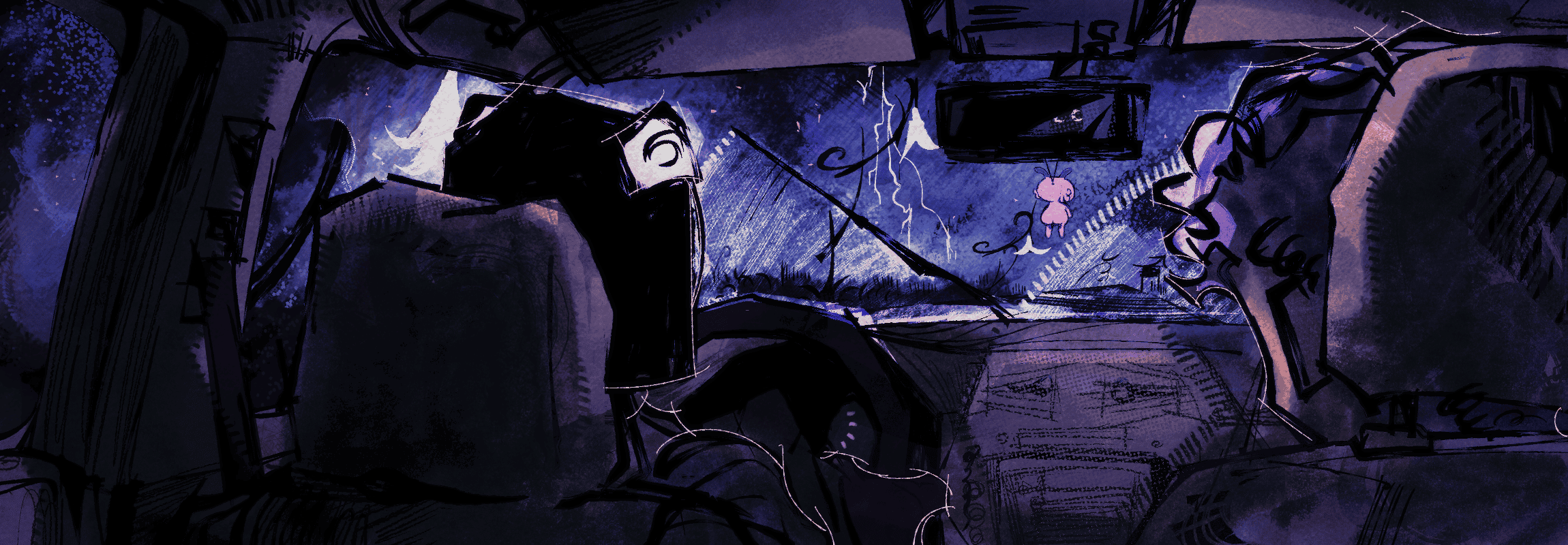 GIRL TURN THAT AC ON with the camera angled behind the driver's seat, we can see that Nuru is behind the wheel. clyde sits on the right, and the windshield wipers fluctuate. the storm continues.