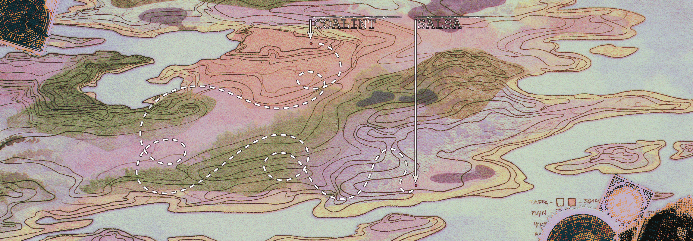 SHE THINK SHE SO HARD CAUSE SHE FROM COALINT LIKE... SIS IM FROM 124TH AND SALSA BOULEVARD... a zoomed in topographic map of augaza. it highlights the distance between Coalint- the city Clyde resides in, and Salsa- their destination. stamps border the map, hiding the key on the bottom right.