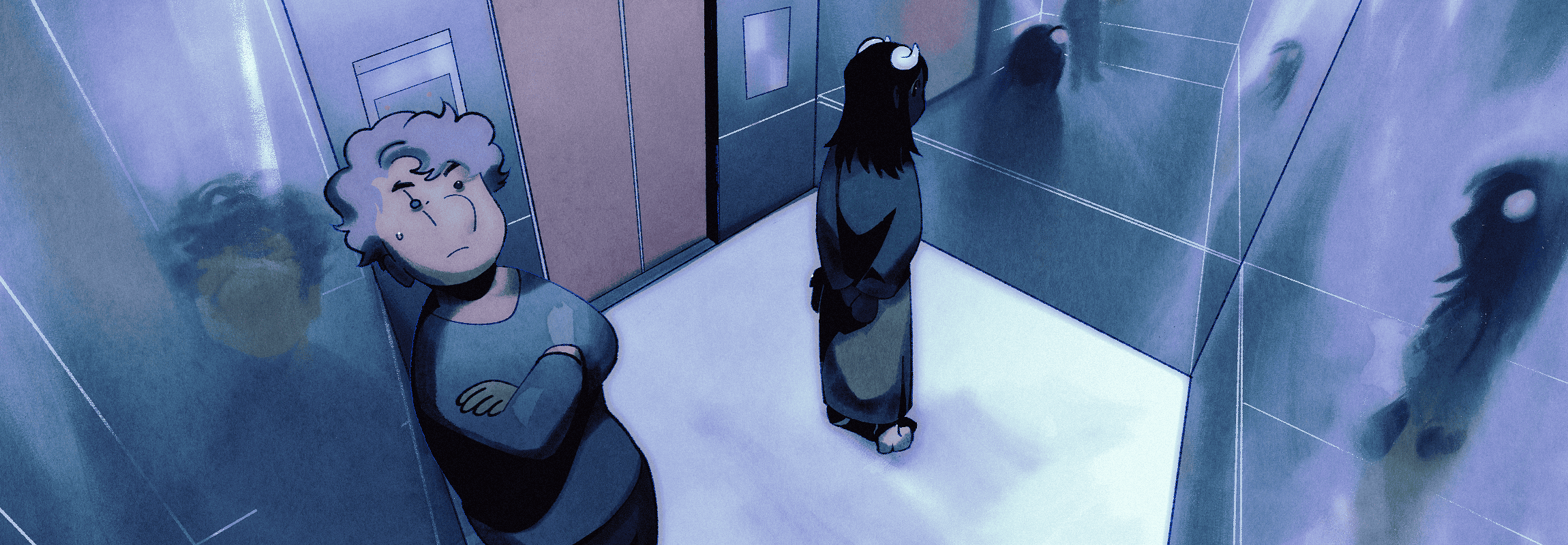 YOU TWO ARE MAKING THIS SO AWKWARD... inside an elevator, clyde and nuru stand apart as if they were social distancing. their reflections paint the walls, as the interior of the elevator hosts a plethora of mirrors.