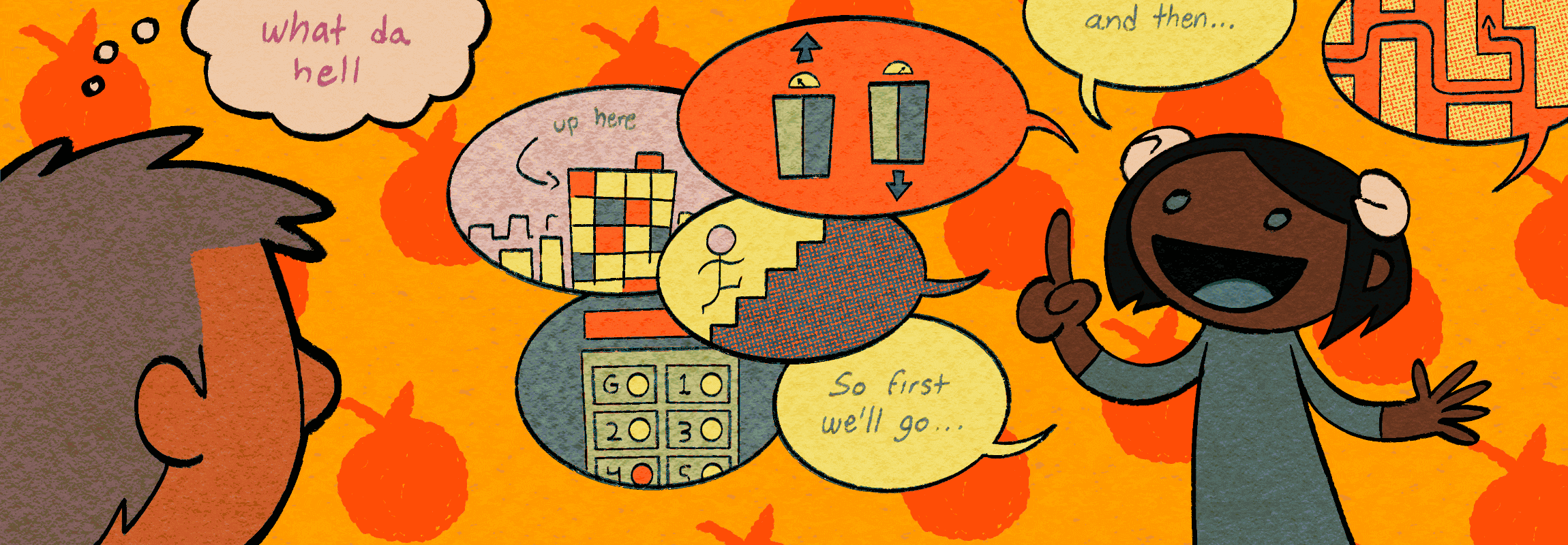 KEEP TALKING GIRL WE LOVE YOU!! a cartoony, animated gif of Nuru trying to explain the method of search to Clyde. her speech bubbles include an elevator panel, a stick man climbing stairs, the building itself, elevator doors going up and down, and somehing resembling a maze. clyde is incredibly confused, only being able to think: what da hell