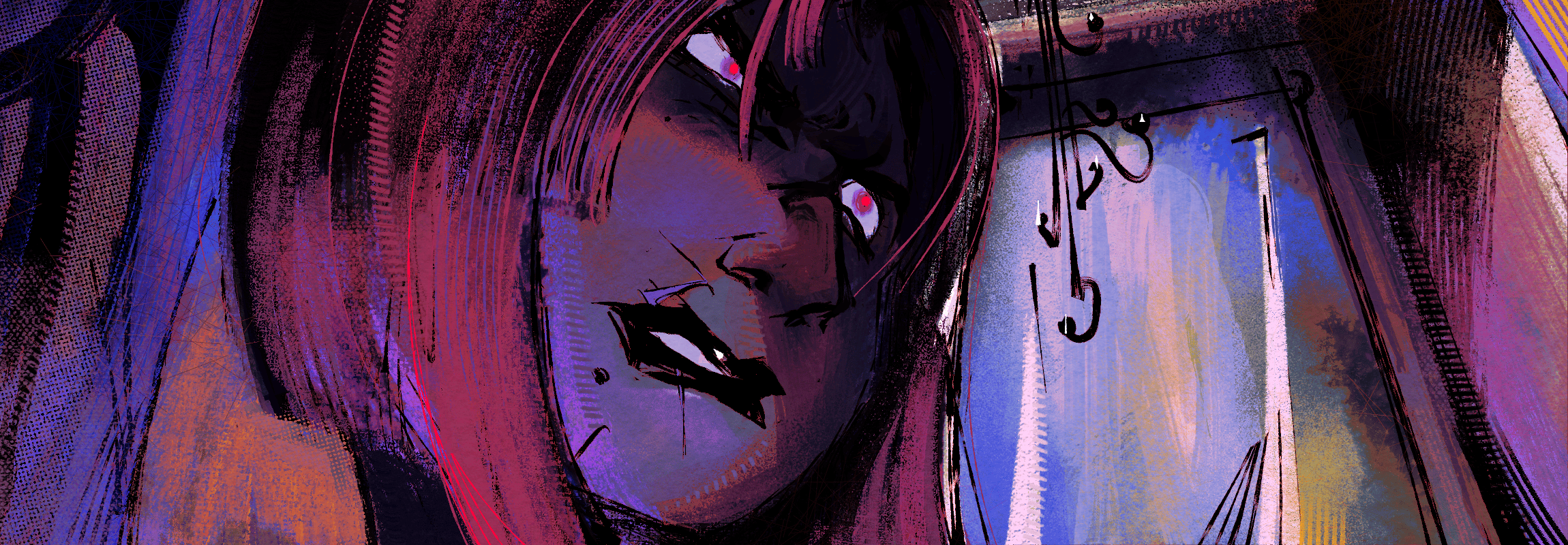 HEYYYYY BEAUTIFULLLLLL a closeup of a woman with pink eyes, and a matching pink bob resting on her head. she looks extremely agitated upon opening the door