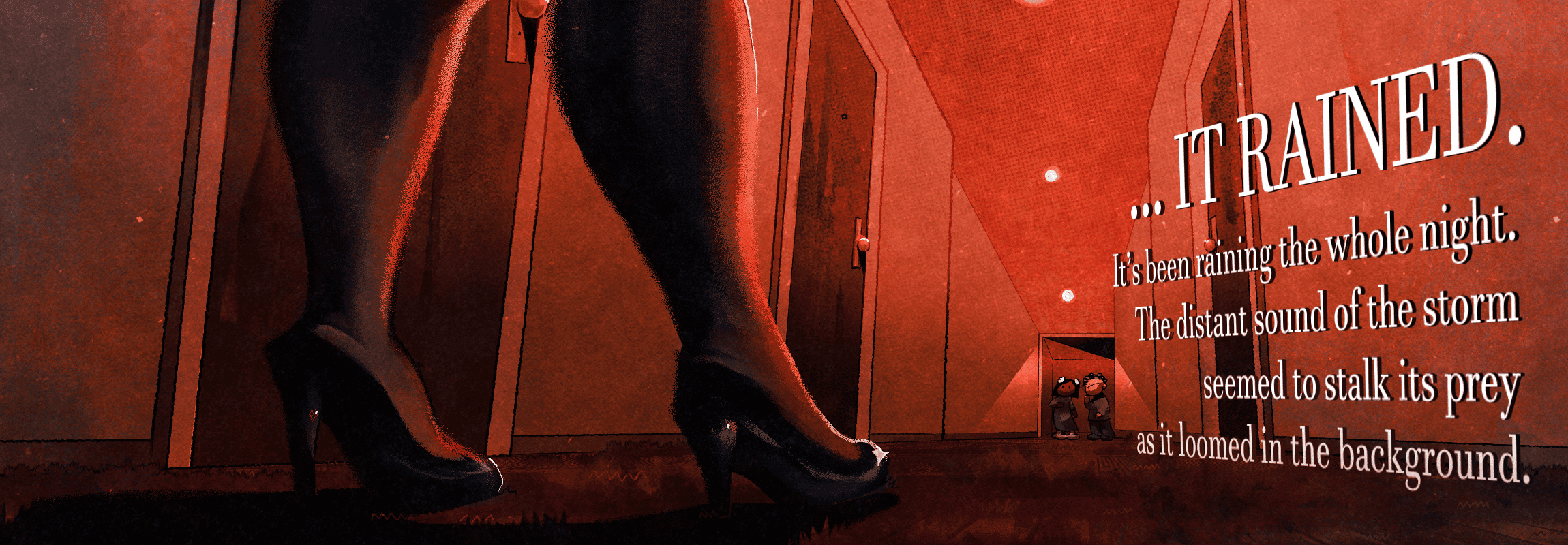 oh...! show those thangs off...! in an empty hotel corridor, a woman's legs are in the forefront... while clyde and nuru stand in the background at the center of the hallway. the text on the right side of the image is repeated in the first three sentences of the chapter.